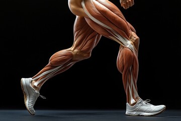 Detailed view of muscular leg anatomy in action during a running motion showcasing muscle groups and structure in athletic footwear