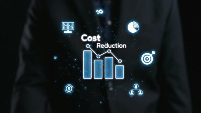 Explore this captivating image depicting a modern approach to cost reduction in business, featuring dynamic data visuals and financial growth icons for effective presentations. Qubit