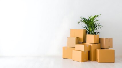 Stack of moving boxes and a potted plant on white background