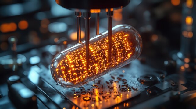 Glass capsule, glowing circuits, suspended above a circuit board