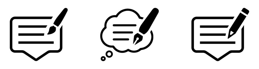 Write a Feedback Icon. Vector icon set of speech bubble, thought cloud, and writing tool representing edit, comment, or message concept. Symbols for UI, apps, and web design. Icons, vector, bubble.