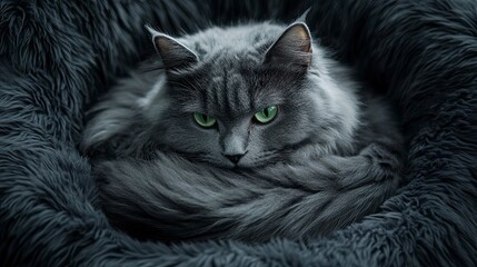 Close-up of a gray cat curled in a cozy bed