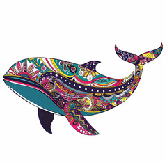 Whale Indian art. A stylized whale in watercolor technique. Whale island indigenous art