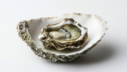 Close up shot of a fresh oyster inside its shell on a white surface showing its texture and detail clearly
