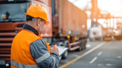 Engineer in safety helmet inspecting trucks on a busy road at a construction site
