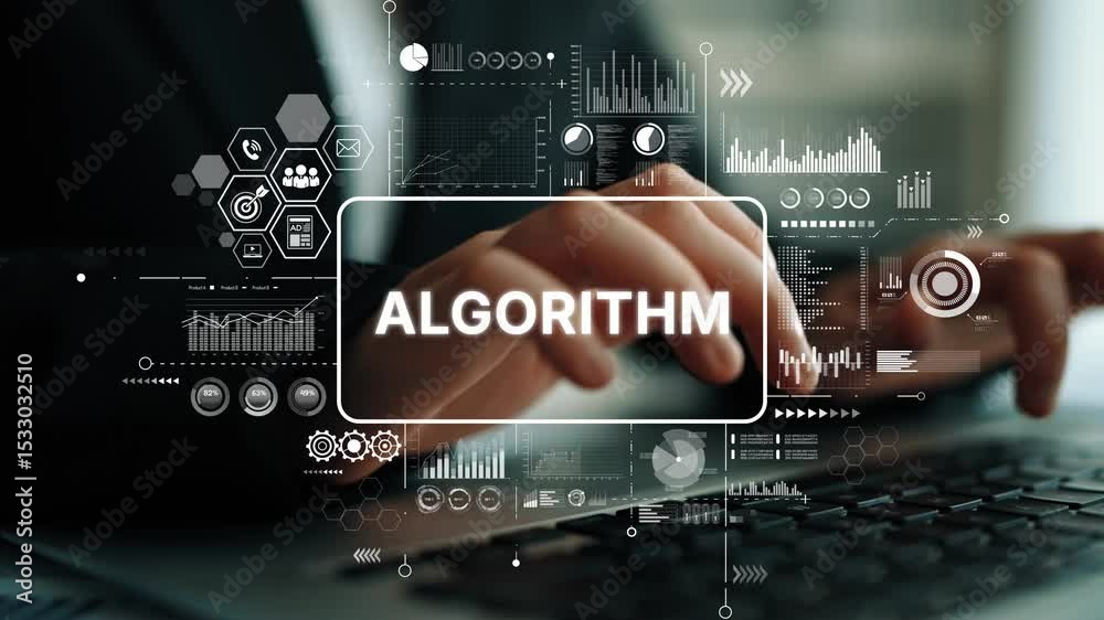 Poster business professional analyzing data with digital algorithm overlay on modern laptop for technology 