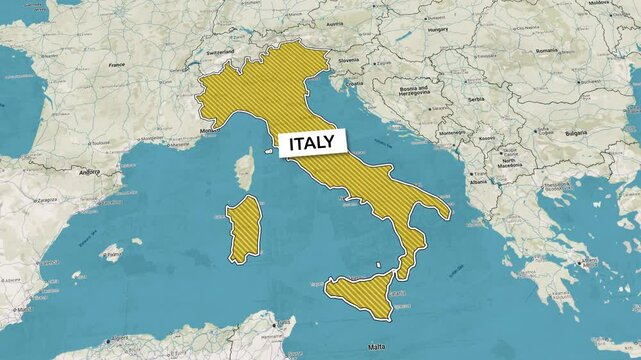 Borders of the state of Italy on the map. Country Italy on the map is highlighted by a polygonal border. Map animation. From above zooming in with panoramic view