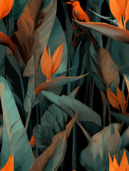 Botanical illustration. Seamless pattern, tropical jungle plants and flowers before a dark background