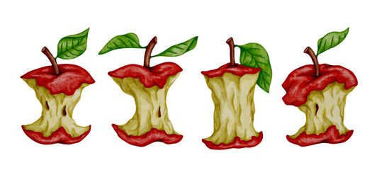 Colorful slices of juicy red apple tree, cores of fruits with leaves.Vector graphics.