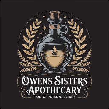 Owens Sisters Apothecary Black and White Bottle Illustration