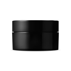Black cream jar vector blank. Glossy plastic beauty cosmetic packaging mock up. Face skin care gel or powder round container, moisturizer creme or butter. Glossy glass jar mockup