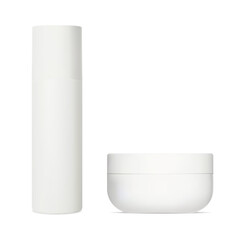 Cosmetic bottle set. Spray container mockup, airless pump package product. Round face cream jar, white plastic bottle. Body lotion or beauty blush powder product