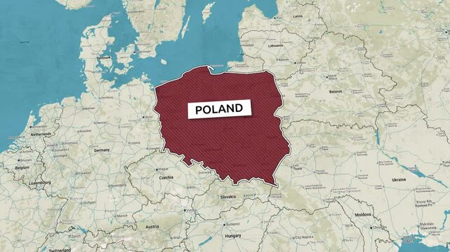Borders of the state of Poland on the map. Country Poland on the map is highlighted by a polygonal border. Map animation. From above zooming in with panoramic view