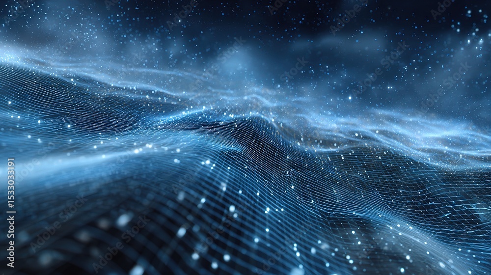 Poster digital landscape of cyberspace with floating data points and waves