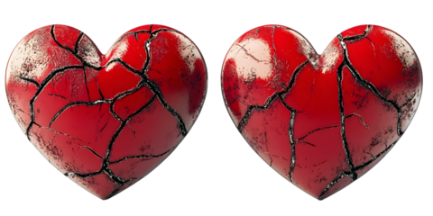 Cracked red hearts symbolizing broken love and emotional pain, isolated on transparent background, png