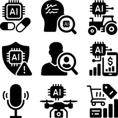 Obraz premium Black and white AI icons for healthcare analytics, agriculture automation, risk management, voice tech, drone surveillance, and smart retail.