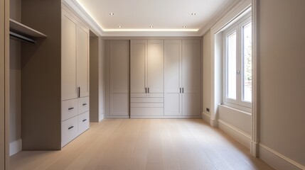 Fototapeta premium Modern minimalist empty room with light wooden flooring and built-in storage cabinets in a neutral color palette