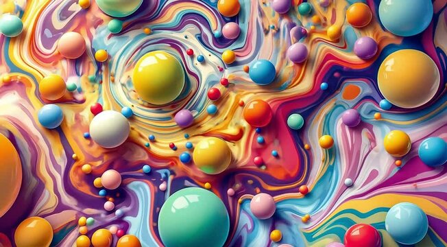 Swirling spherical grids with spherical shapes orbiting in fluid motion as they change color and shape in a seamless flow