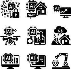 Black and white icons featuring AI cybersecurity, real estate automation, drone monitoring, disaster prediction, patient data management, AI analytics.