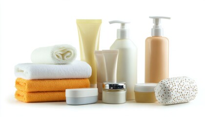 Still life of towels and assorted beauty products on a white background in a studio setting