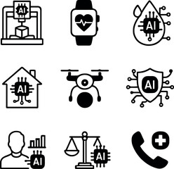 AI icon set depicting 3D printing, wearable tech, water management, drone security, healthcare communication, AI ethics, and health monitoring.
