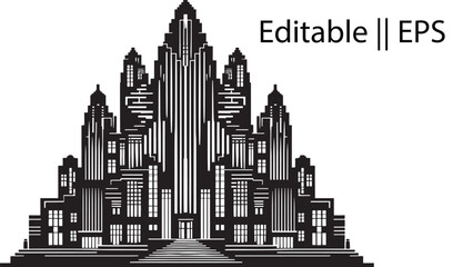 Vintage Art Deco Skyscrapers Vector – Black Silhouette with Tiered Rooftops & Symmetry