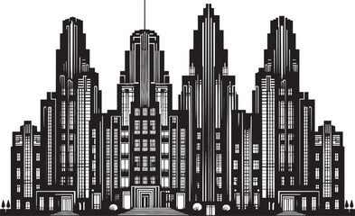 Vintage Art Deco Skyscrapers Vector – Black Silhouette with Tiered Rooftops & Symmetry