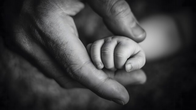 Black and White Close-Up of Adult Holding Baby’s Hand – Touching Family Moment