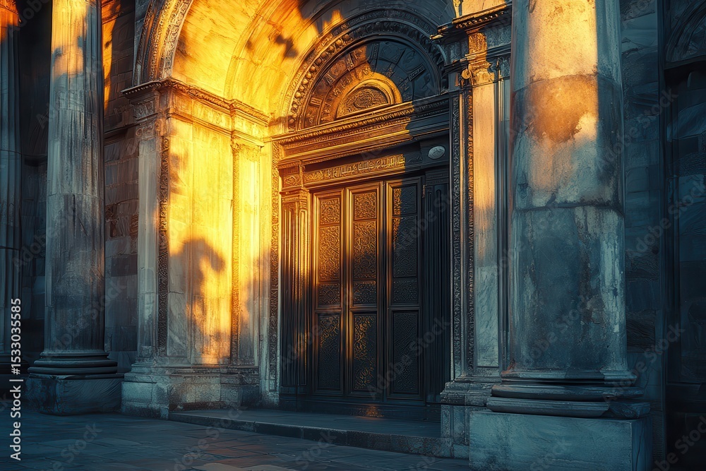 Poster Intricate door and columns illuminated by warm sunlight in an ancient architectural setting near a historic site during golden hour