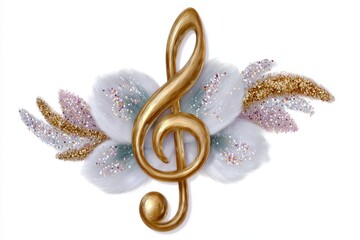 Golden music note with a glitter effect, isolated on a white background. Gold music symbol in the shape of a treble clef with golden splashes and swirls.