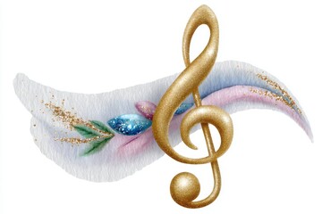Golden music note with glitter and dust, a musical concept. Golden clef symbol in a watercolor style. Abstract art design for a banner, poster, web, print, card, or wallpaper.