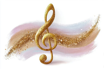 Gold glittering music note, golden G clef with a wave of gold particles and paint brush strokes. Music concept design element for a poster, banner, flyer, card, or cover.