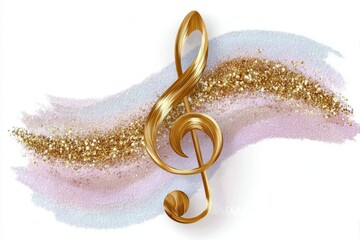 Gold glittering music note, golden G clef with a wave of gold particles and paint brush strokes. Music concept design element for a poster, banner, flyer, card, or cover.