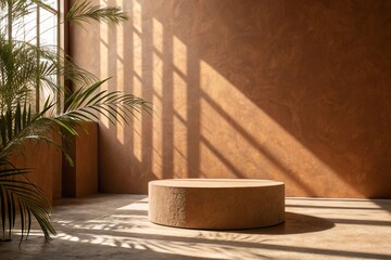 Panoramic abstract brown background for product presentation with sunlight and blurred shadows wall. 