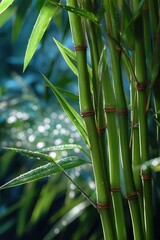 Obraz premium Vibrant green bamboo with dew drops in lush natural environment