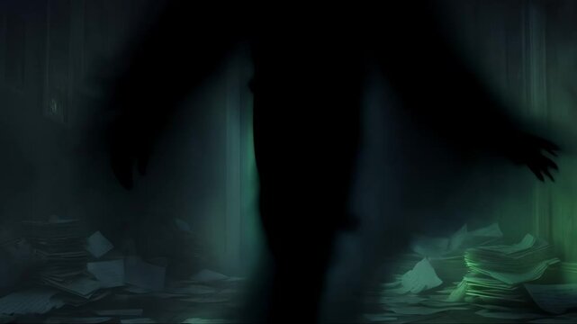 Translucent silhouette hovering in doorway, surrounded by scattered papers in dark, moody interior with green-tinted lighting. Supernatural atmosphere with ethereal figure floating above floor.