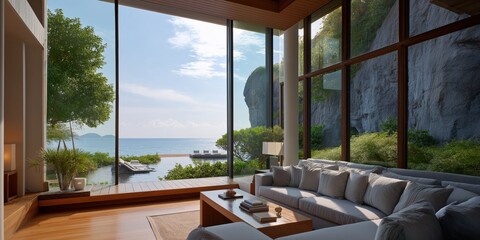 Fototapeta premium Scenic coastal living room with panoramic ocean view and modern interior design