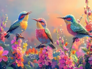 Fototapeta premium Three colorful birds perched on flowering branches in a soft pastel setting.