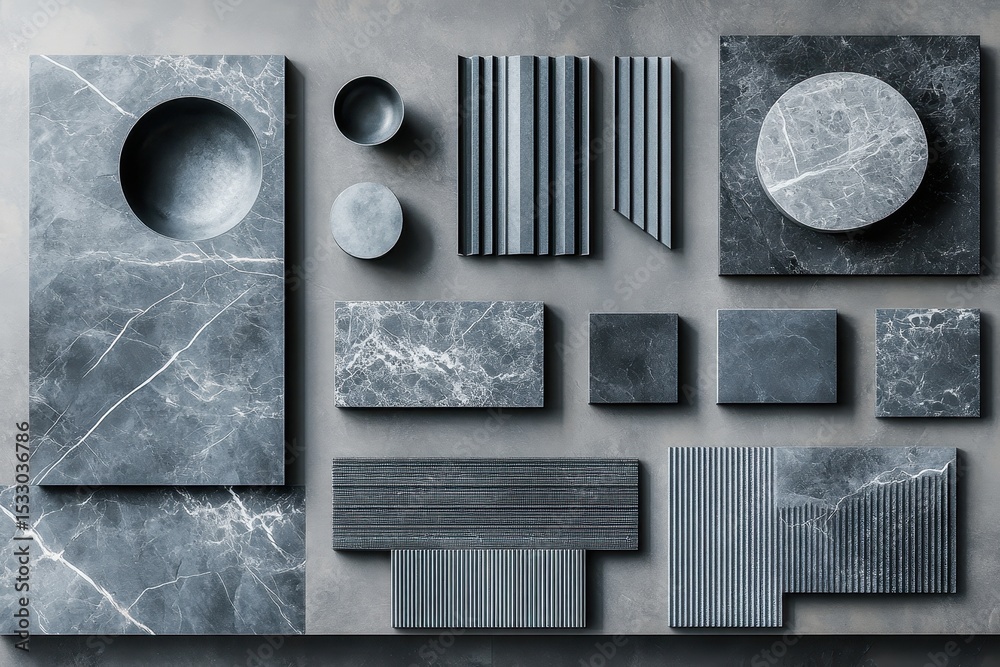 Poster various marble textures and shapes arranged artistically on a gray surface showcasing intricate patt