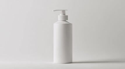 A simple studio shot showing a white plastic bottle with a pump dispenser on a white background plain
