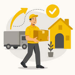 Mail Carrier Pressing Doorbell to Deliver Parcel – Flat Style Concept of Friendly Home Delivery and Last Mile Logistics