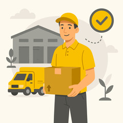 Male Delivery Worker in Front of Warehouse Holding Box – Flat Style Logistics and Distribution Center Illustration