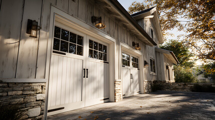 Farmhouse style home exterior double garage doors stone accents autumn leaves