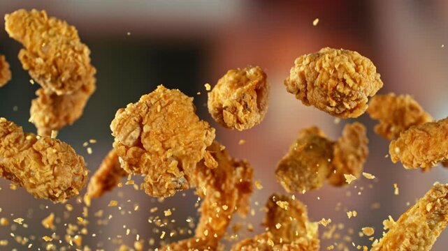 Super Slow Motion of Flying Fried Chicken Wings and Pieces. Abstract Blur Interior on Background. Filmed on High Speed Cinema Camera , 1000fps. Camera in Motion.