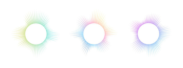 A set of rainbow equalizers made of bursting beams . Radial sound, frequency sound multicolor neon waves. Musical symbol, circular sound waves. Vector radial spectrum.