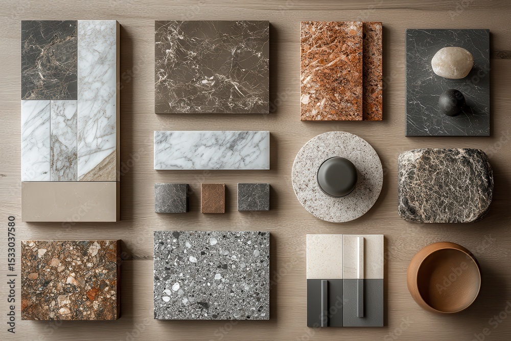 Poster various marble textures and shapes arranged artistically on a gray surface showcasing intricate patt