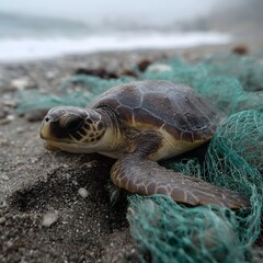 Turtle entangled in plastic netting on a polluted beach