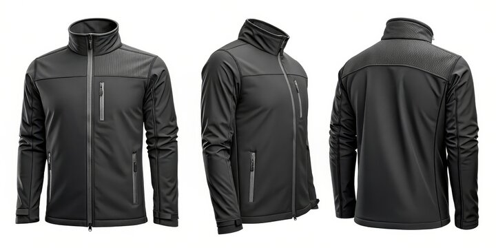 Black Softshell Jacket with Textured Panels, Sporty Look, fashion , outerwear