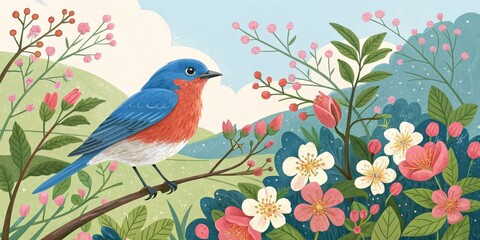 Bluebird in Spring Blossom Garden, Illustration , Nature Art