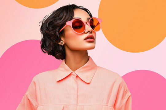 A stylish woman with short curly hair wears oversized pink sunglasses and a peach shirt against a colorful backdrop of pink and orange circles.